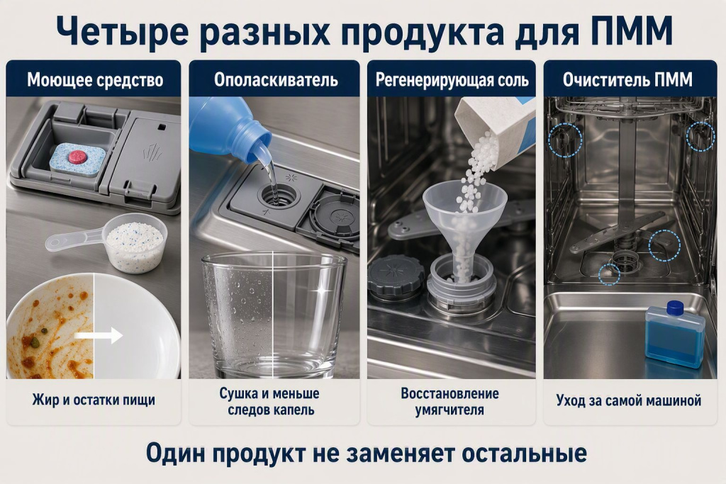 Средство, соль, ополаскиватель и очиститель