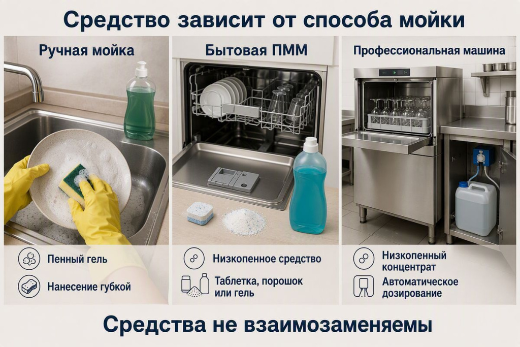 Ручная мойка, бытовая ПММ и профессиональная машина